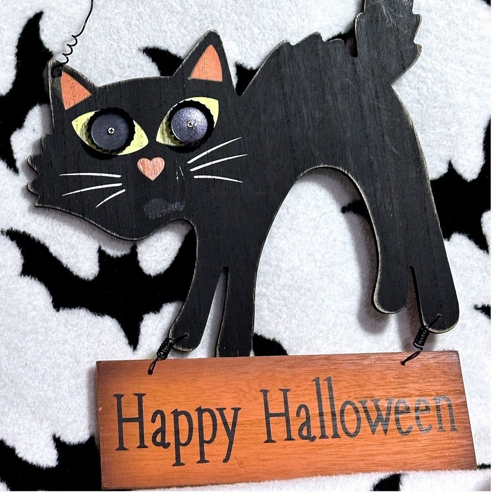 Vintage Style Wooden Black Cat Happy Halloween Wall Hanging Decor Cat Sign